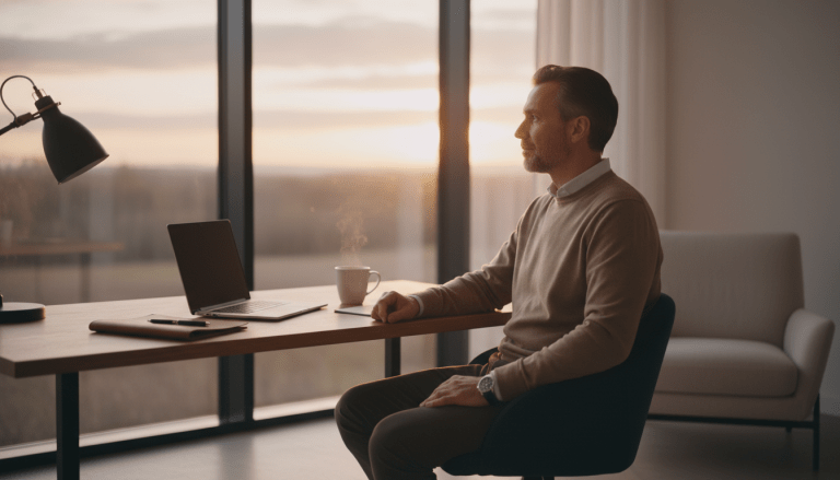 Trabajador autónomo planificando su jubilación en un despacho luminoso y moderno