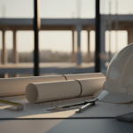 Planos arquitectónicos con casco de seguridad y herramientas de medición en un escritorio, representando la planificación de un presupuesto de construcción.