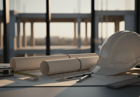 Planos arquitectónicos con casco de seguridad y herramientas de medición en un escritorio, representando la planificación de un presupuesto de construcción.