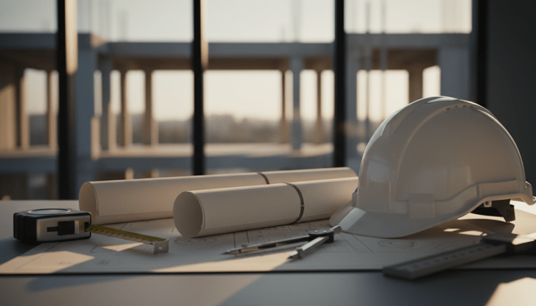 Planos arquitectónicos con casco de seguridad y herramientas de medición en un escritorio, representando la planificación de un presupuesto de construcción.