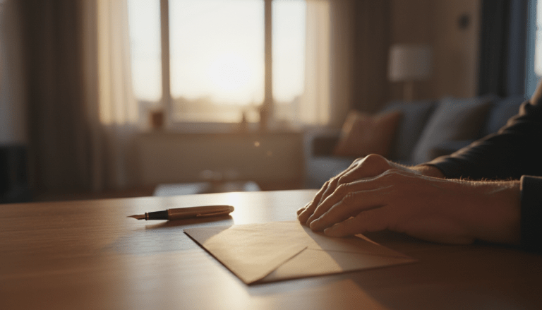 Primer plano de manos sobre escritorio de madera con pluma estilográfica, simbolizando la planificación sucesoria y la paz familiar.