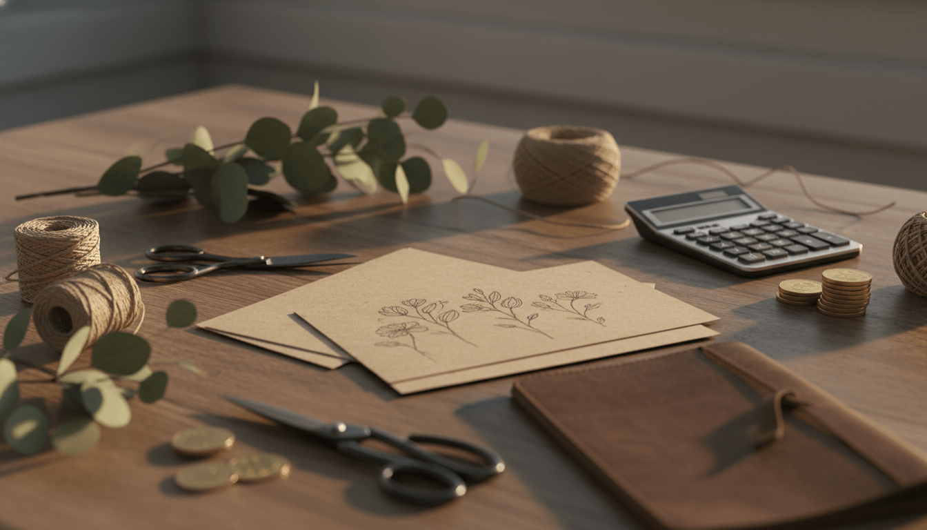 Planificación financiera de una boda DIY con elementos de manualidades y herramientas de presupuesto sobre mesa de madera.