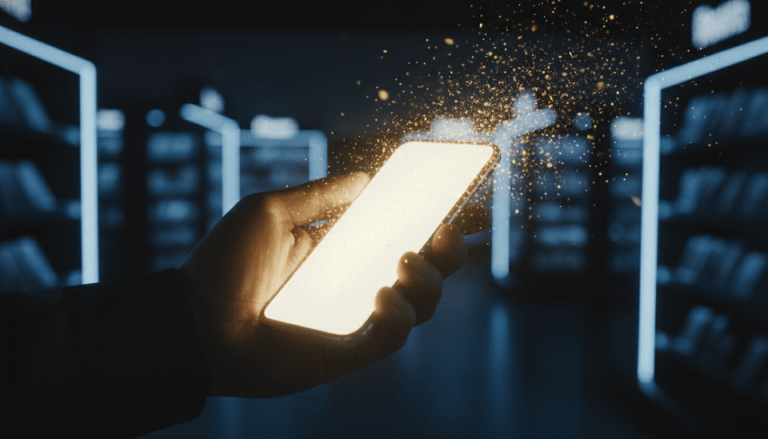 Mano sosteniendo un smartphone con destellos dorados simbolizando dopamina y compras impulsivas en un entorno oscuro.