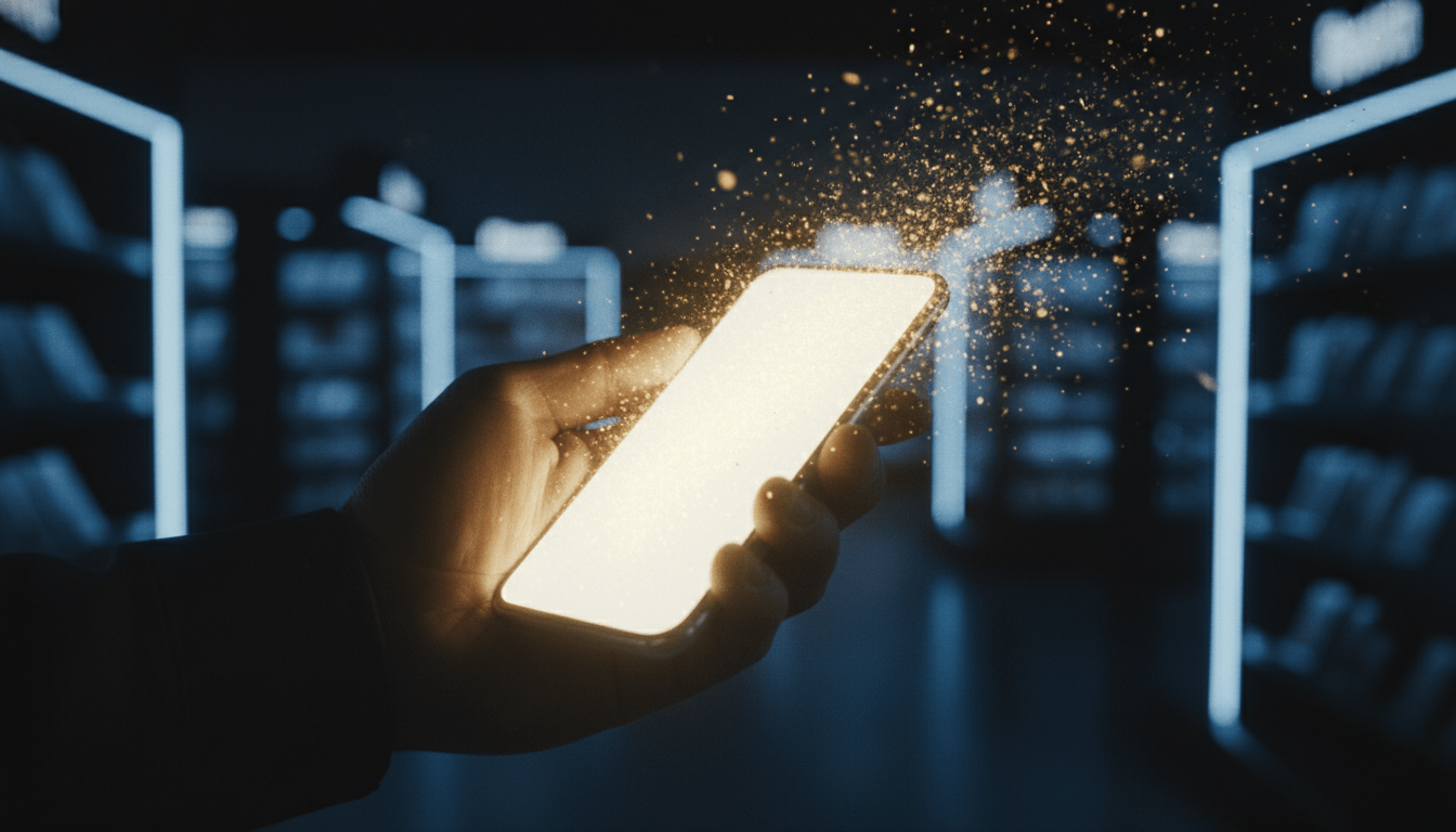 Mano sosteniendo un smartphone con destellos dorados simbolizando dopamina y compras impulsivas en un entorno oscuro.