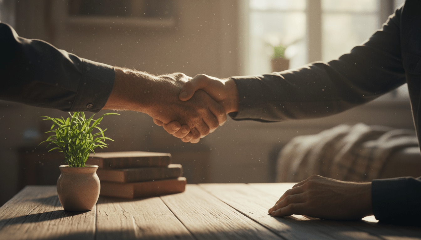 Primer plano de manos estrechándose cálidamente junto a una planta joven, representando la psicología de la donación y el impacto positivo.