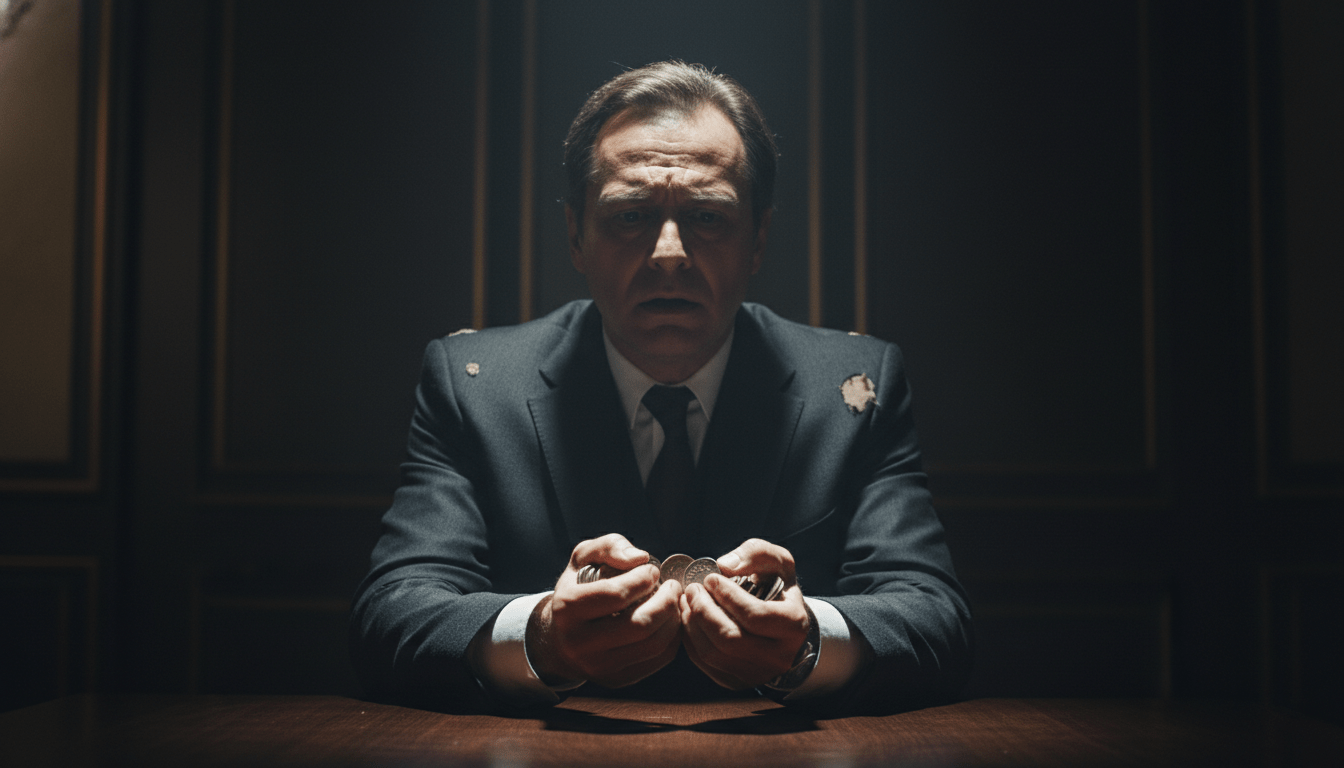 Hombre apretando monedas con ansiedad en una habitación oscura simbolizando la psicología de la tacañería y el miedo a la escasez.