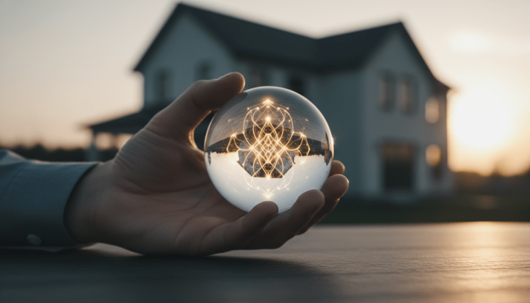 Representación conceptual de la salud financiera y el puntaje de crédito mediante una esfera de cristal con redes de luz dorada y una casa al fondo.