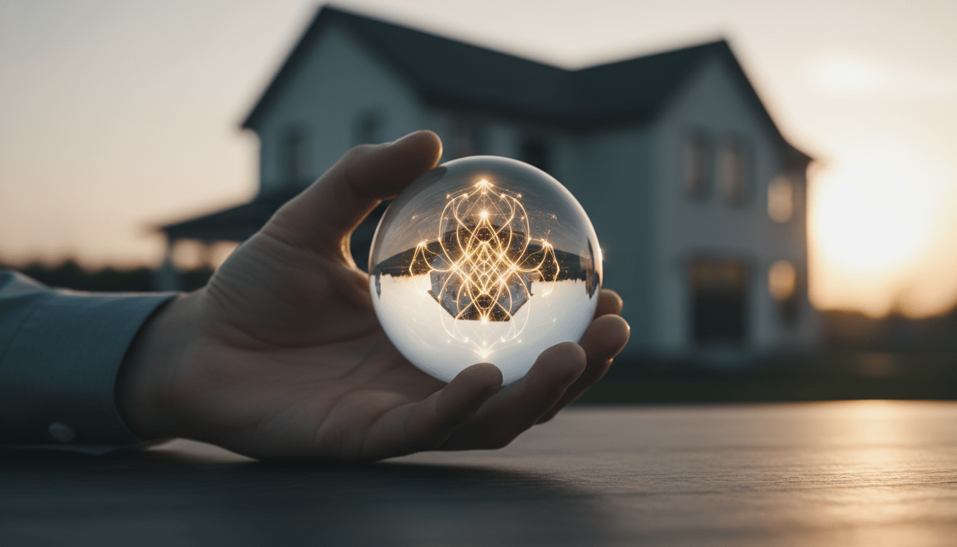 Representación conceptual de la salud financiera y el puntaje de crédito mediante una esfera de cristal con redes de luz dorada y una casa al fondo.