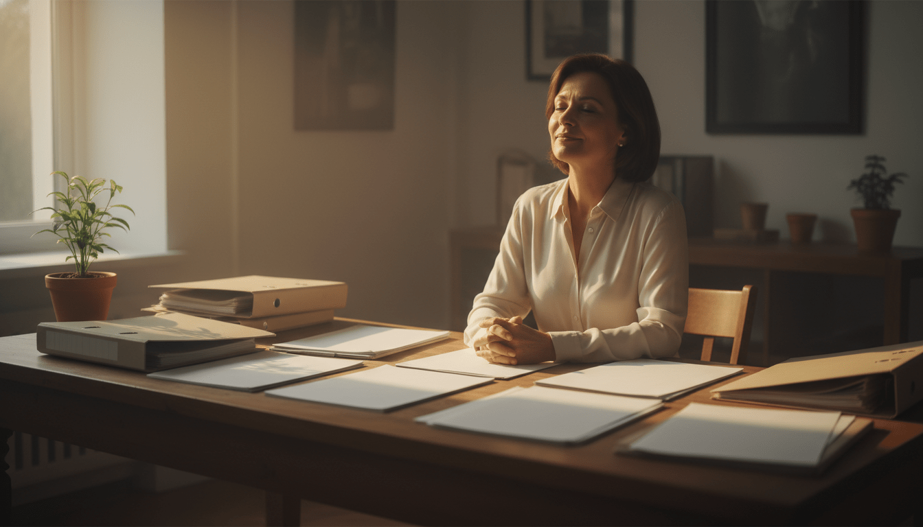 Persona en una oficina tranquila recibiendo luz natural, representando el alivio financiero tras el proceso de quiebra personal.