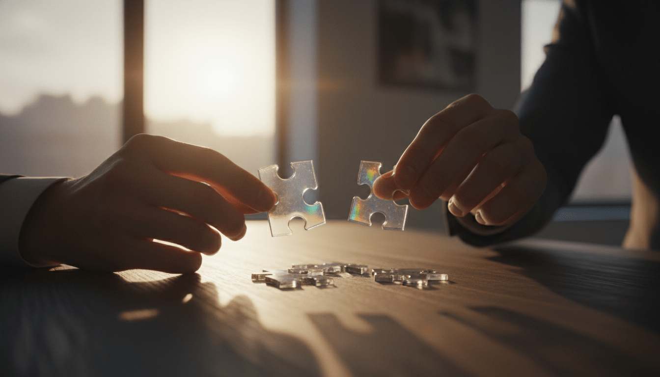Primer plano de manos ensamblando piezas de cristal sobre un escritorio, representando la reconstrucción ética del historial crediticio.