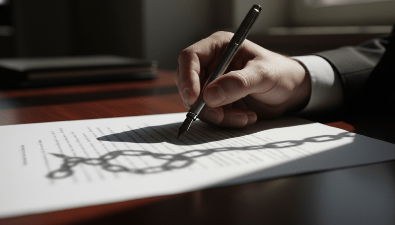 Primer plano de una mano firmando un contrato financiero con una sombra en forma de cadena que representa el riesgo del avalista.