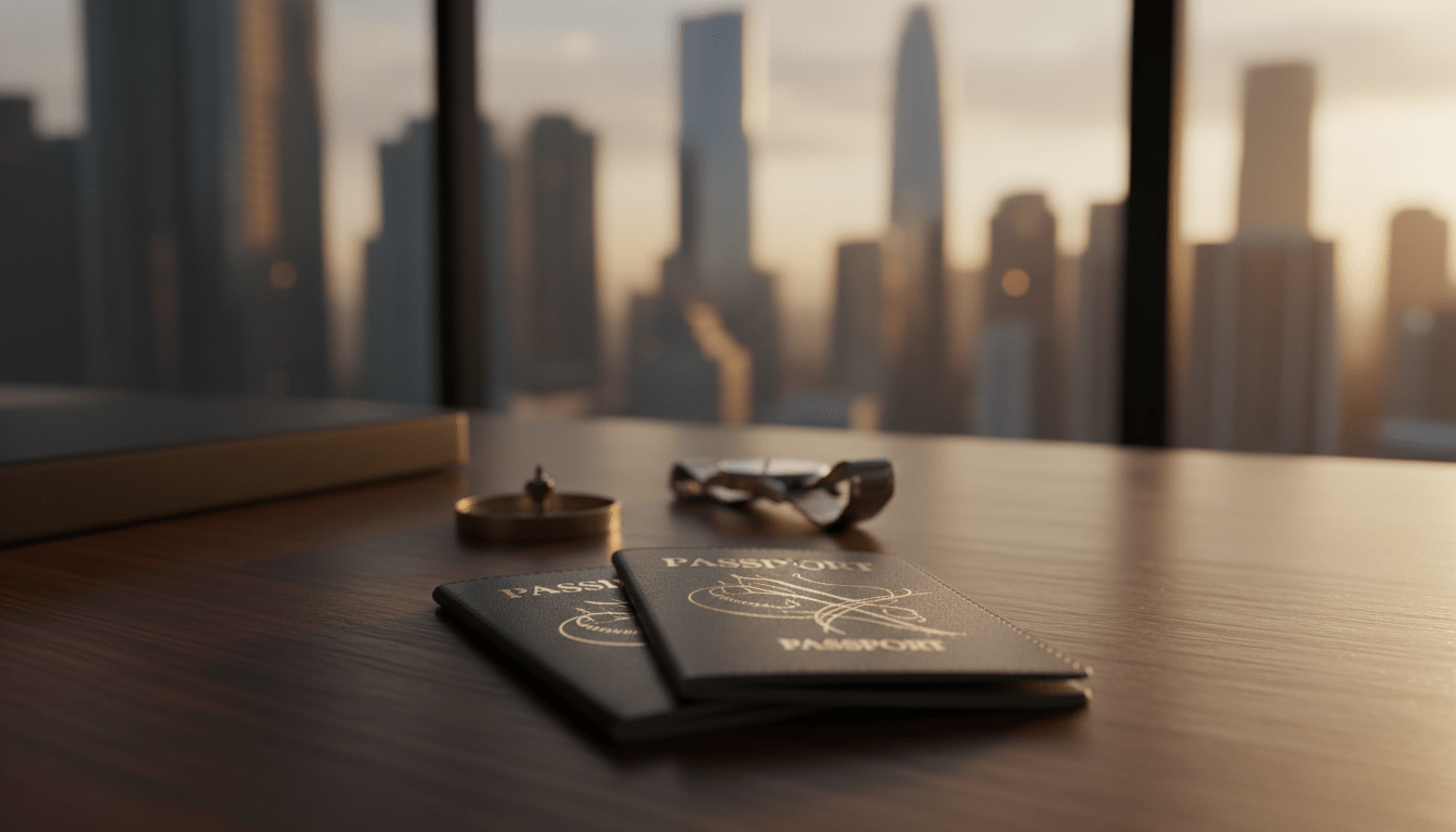 Dos pasaportes de lujo y un reloj elegante sobre un escritorio de madera, representando la doble nacionalidad como estrategia de protección patrimonial.