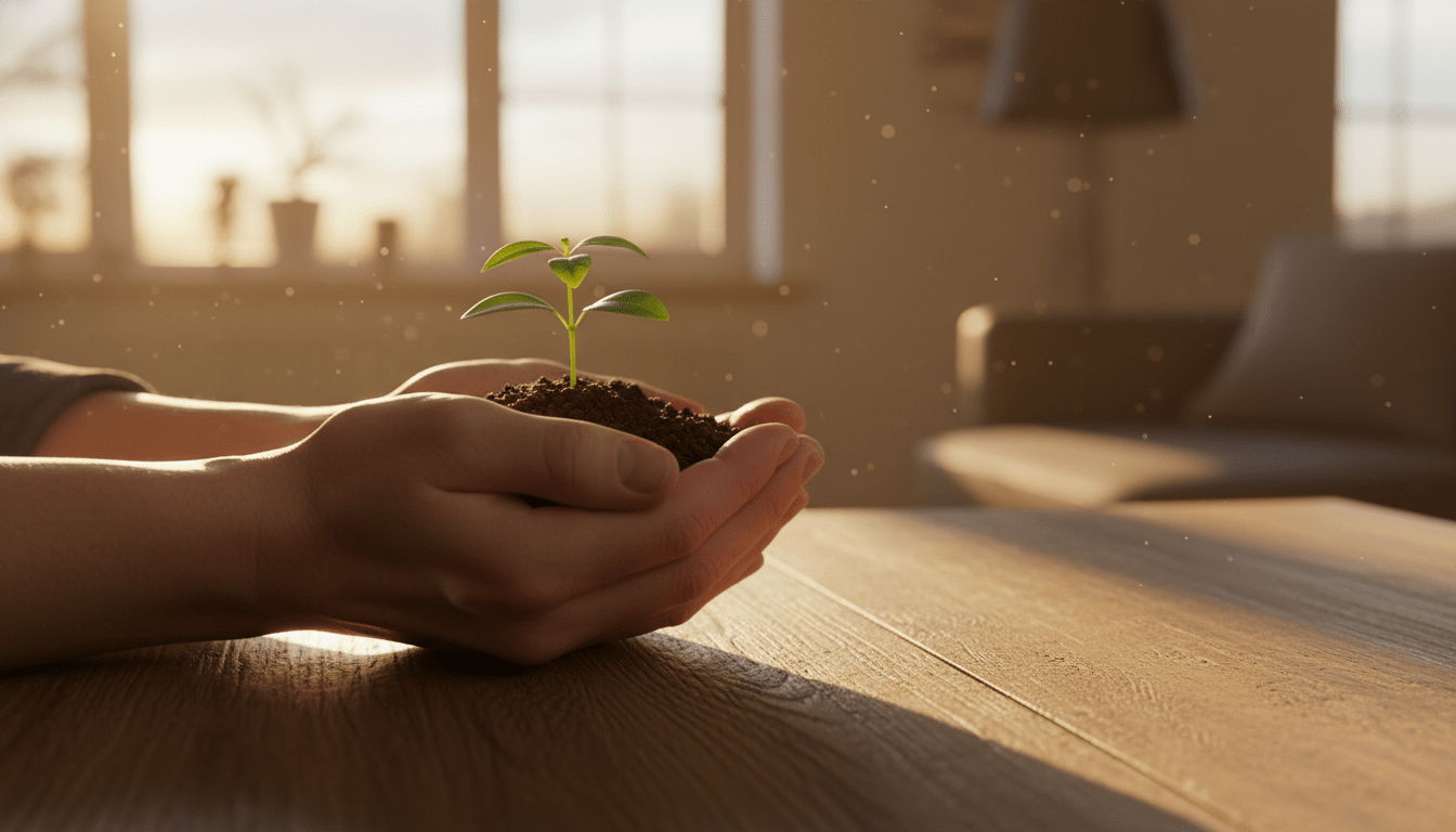 Manos protegiendo una planta en un hogar cálido, simbolizando la seguridad financiera y el legado de un seguro de vida.