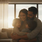 Familia joven abrazada en una sala cálida representando la seguridad financiera y protección de un seguro de vida contra deudas.