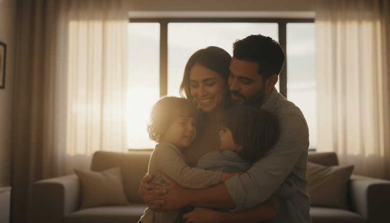 Familia joven abrazada en una sala cálida representando la seguridad financiera y protección de un seguro de vida contra deudas.