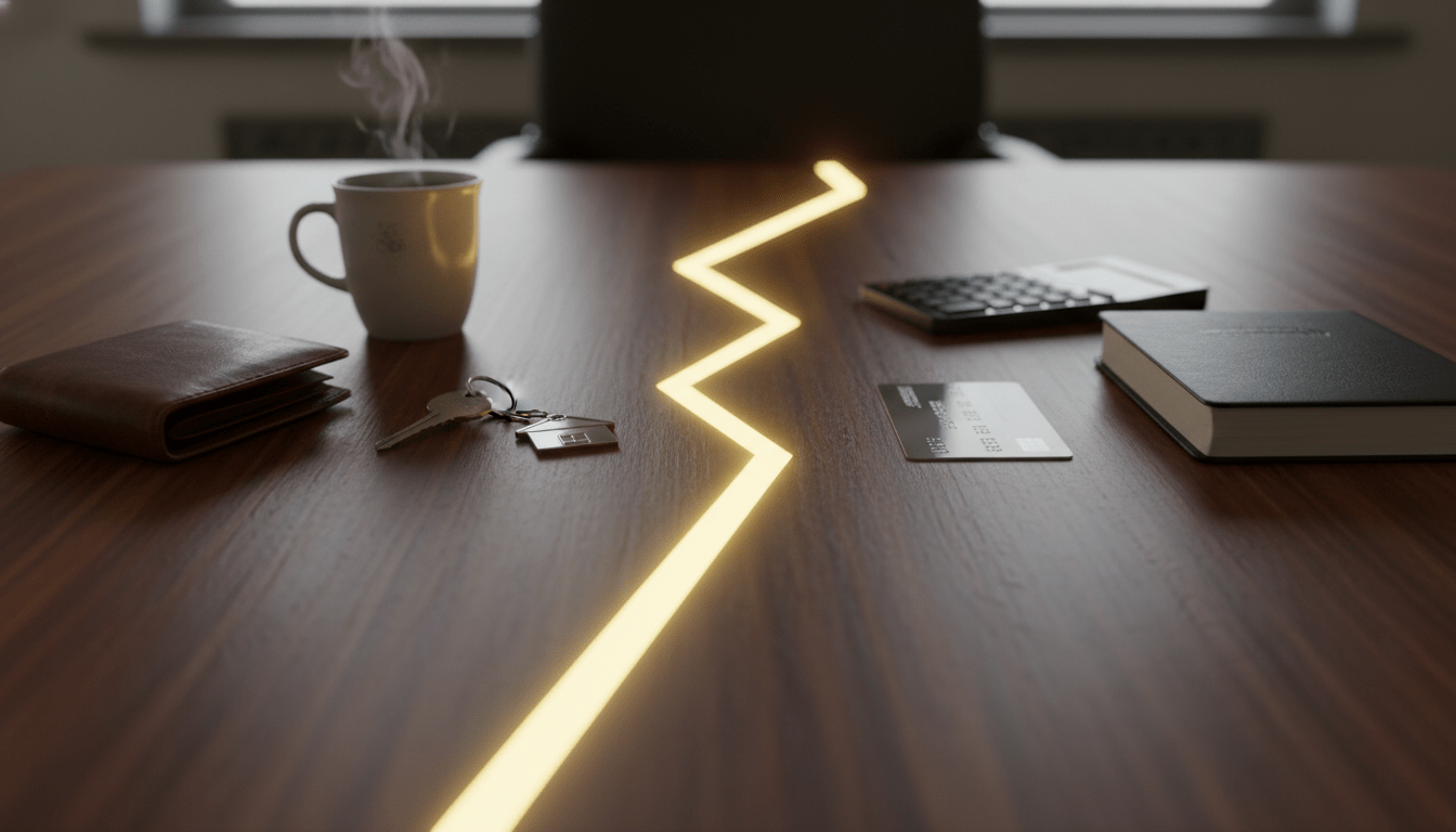 Representación visual de la separación entre finanzas personales y empresariales mediante objetos de oficina y personales en un escritorio dividido.