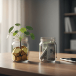 Representación visual de la separación de finanzas personales y empresariales para emprendedores con dos frascos de ahorro en un escritorio moderno.