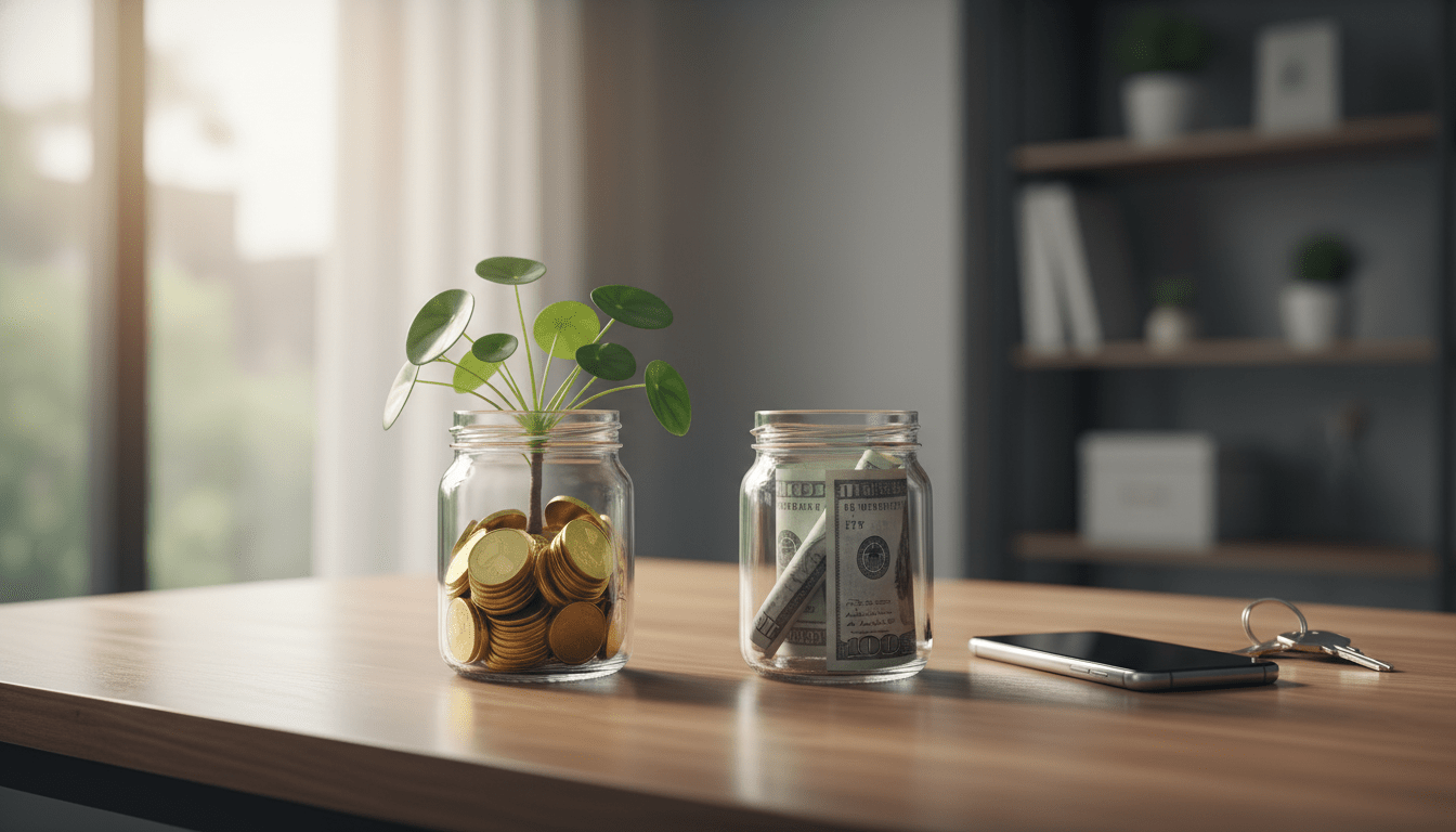 Representación visual de la separación de finanzas personales y empresariales para emprendedores con dos frascos de ahorro en un escritorio moderno.