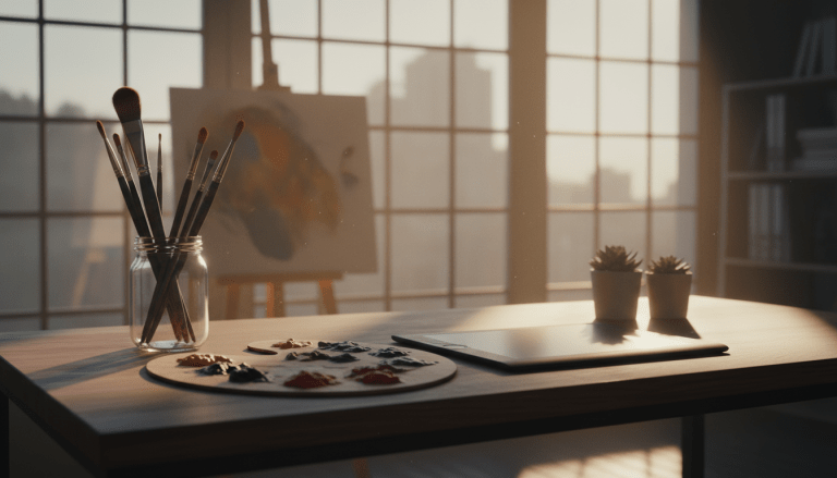 Estudio de arte moderno y organizado que simboliza la estabilidad financiera y la libertad creativa de un artista contemporáneo.
