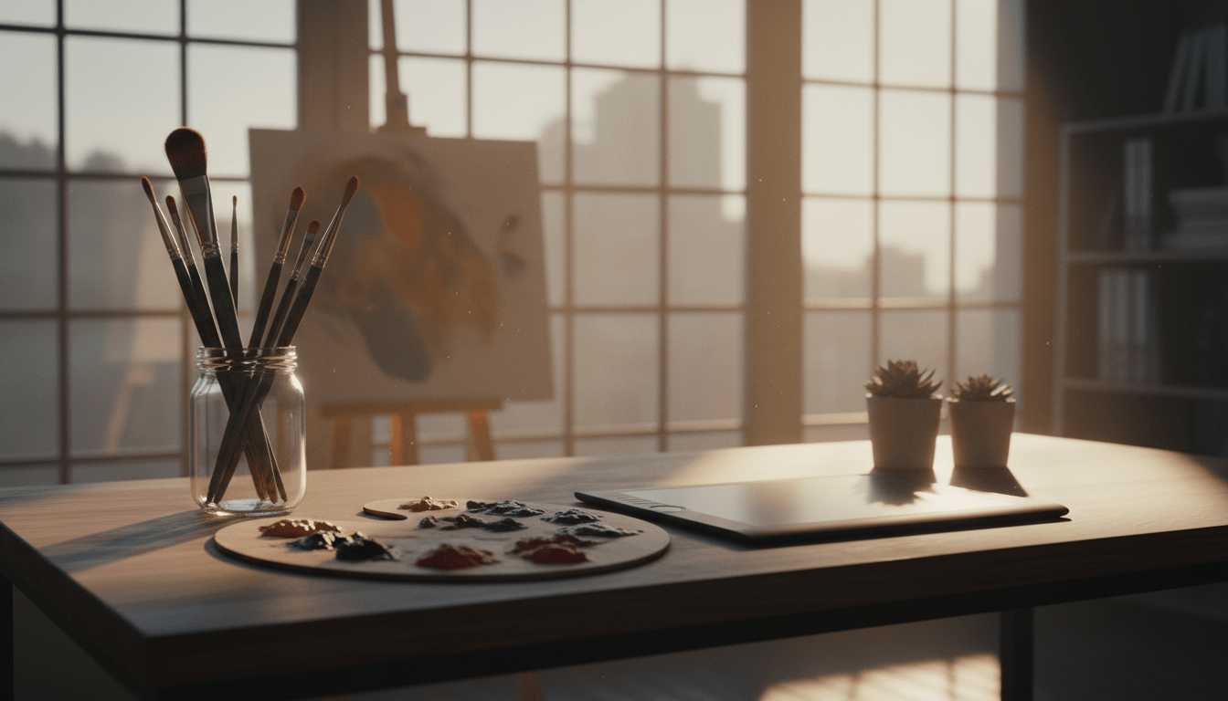 Estudio de arte moderno y organizado que simboliza la estabilidad financiera y la libertad creativa de un artista contemporáneo.