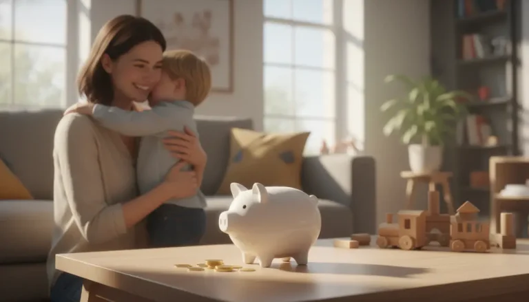 Madre e hijo pequeño junto a una alcancía en una sala iluminada simbolizando el ahorro para la guardería.