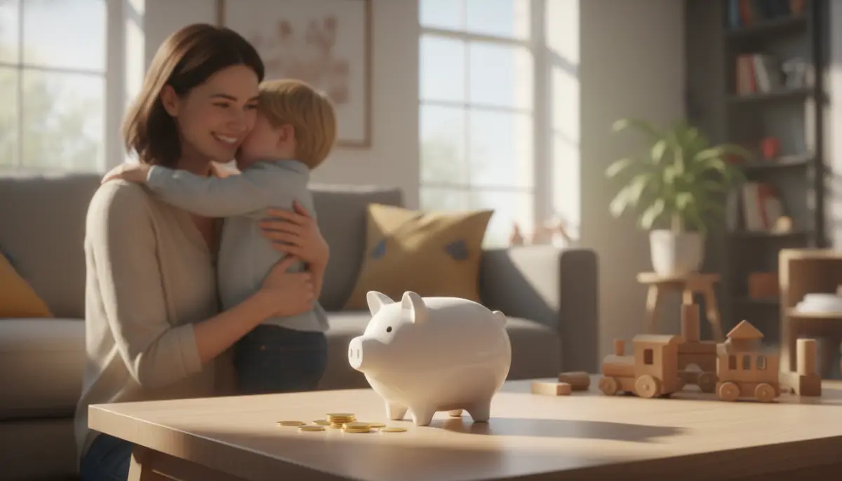 Madre e hijo pequeño junto a una alcancía en una sala iluminada simbolizando el ahorro para la guardería.