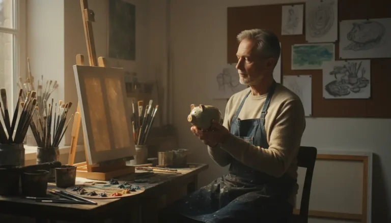 Artista creativo en su estudio planificando su ahorro para la jubilación con una hucha en las manos.