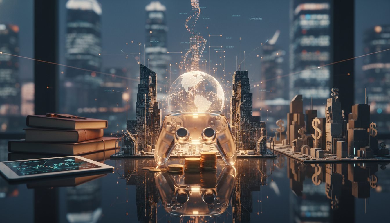 Grafico de crecimiento economico junto a un mando de videojuegos, ilustrando el poder financiero del sector.