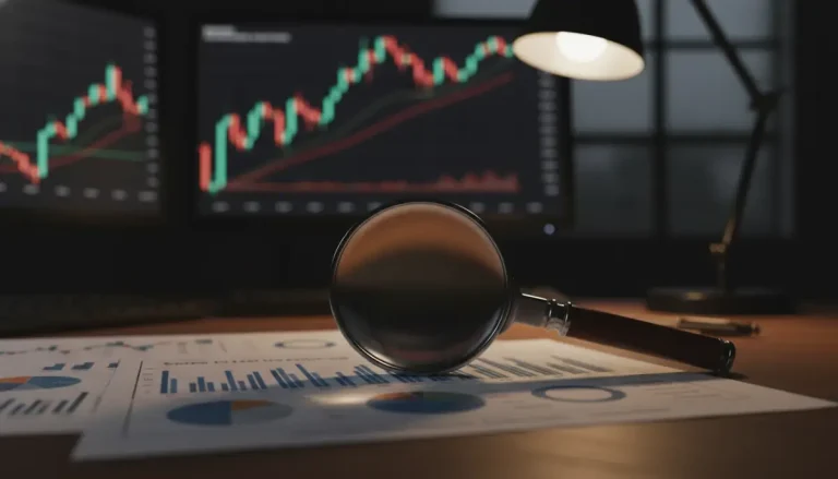 Escritorio de analista financiero con lupa y gráficos complejos representando la investigación profunda de informes de ganancias.