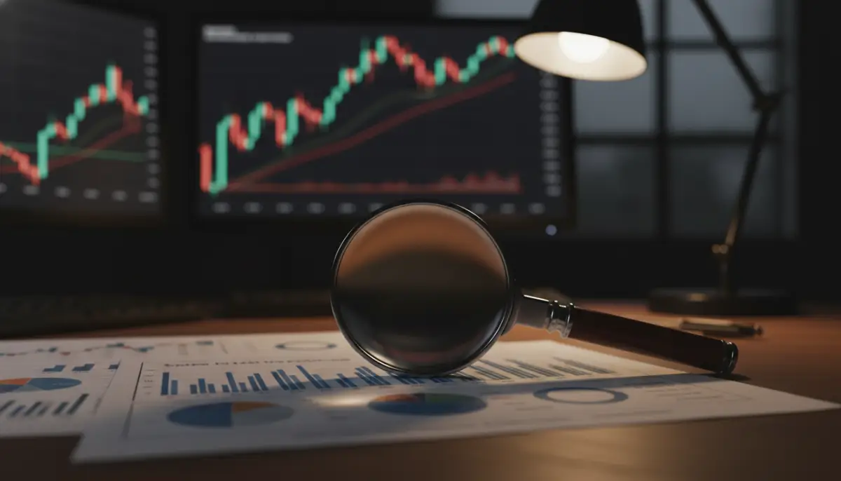 Escritorio de analista financiero con lupa y gráficos complejos representando la investigación profunda de informes de ganancias.