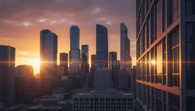 Rascacielos modernos de cristal bajo un cielo al atardecer simbolizando el mercado de inversión en REITs.