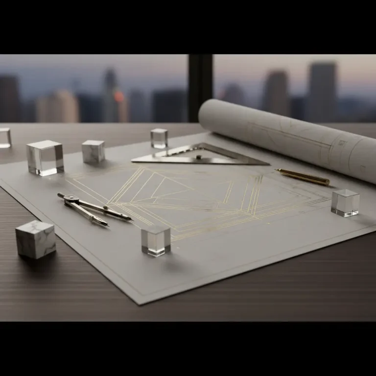 Representación artística de la arquitectura financiera mediante planos técnicos y elementos de construcción de lujo sin texto.