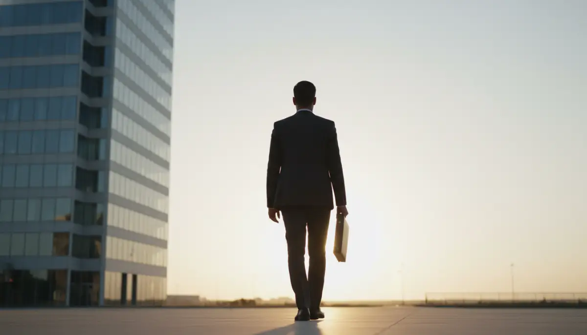 Profesional caminando con paso firme hacia un horizonte abierto al atardecer simbolizando la libertad financiera y la salida de un entorno laboral opresivo.