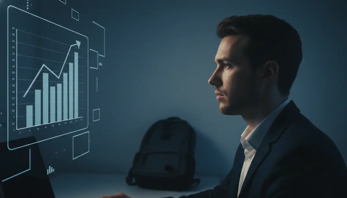 Persona analizando un sistema de finanzas personales para pagar deudas en una oficina moderna con iluminación cinematográfica.