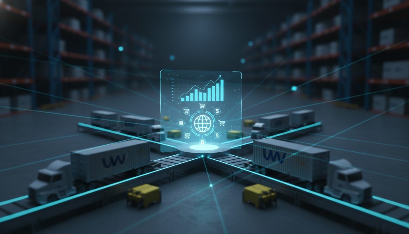Infografía de la cadena de suministro de Walmart mostrando procesos de cross-docking y logística eficiente.