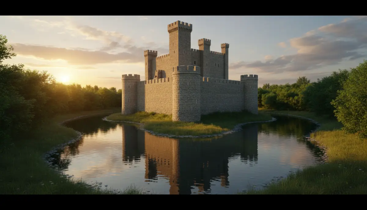 Castillo medieval fortificado con un foso de agua profundo que simboliza la ventaja competitiva y el foso económico en los negocios.