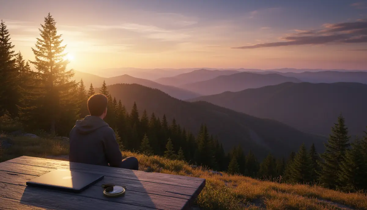 Persona contemplando un paisaje natural de montañas durante un año sabático que representa la libertad financiera.