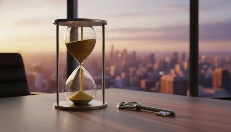 Reloj de arena con polvo de oro en oficina de lujo representando el crecimiento financiero y ahorro inteligente.