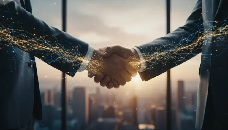 Primer plano de un apretón de manos profesional con flujos de datos digitales representando contratos de swaps y derivados financieros globales.