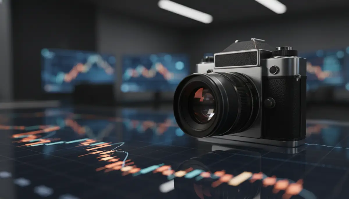 Representación conceptual de la venta en corto o short selling mediante una cámara fotográfica profesional en un entorno financiero oscuro y elegante.
