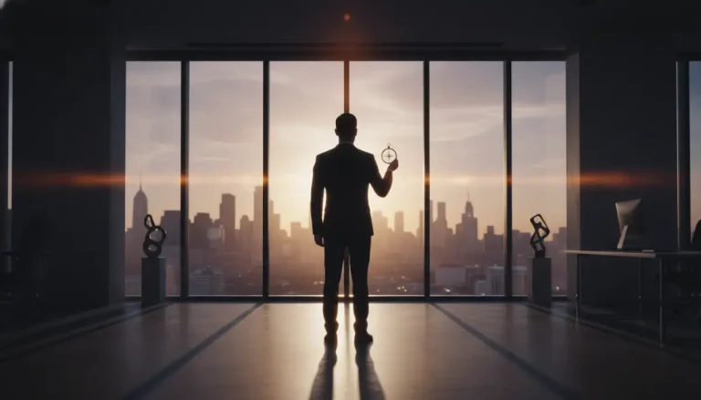 Profesional independiente planificando su futuro financiero frente a un ventanal al amanecer.