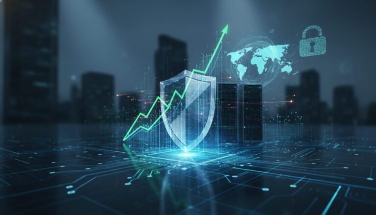 Grafico abstracto de crecimiento financiero sobre una red digital segura ilustrando inversion en ciberseguridad.