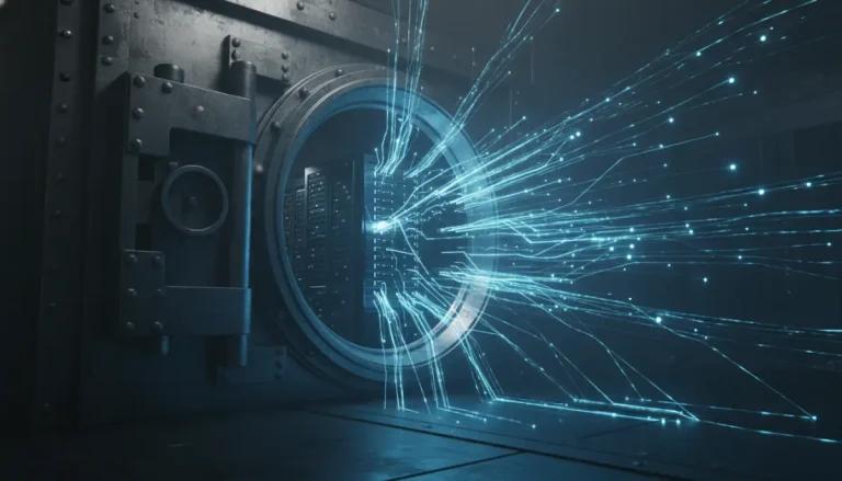 Concepto visual de ciberseguridad mostrando la transición de una bóveda de acero física a un centro de datos digital con fibra óptica.