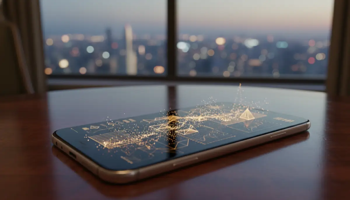 Representación visual de la gestión de patrimonio digital y tecnología financiera mediante un smartphone con gráficos abstractos dorados en una oficina moderna.