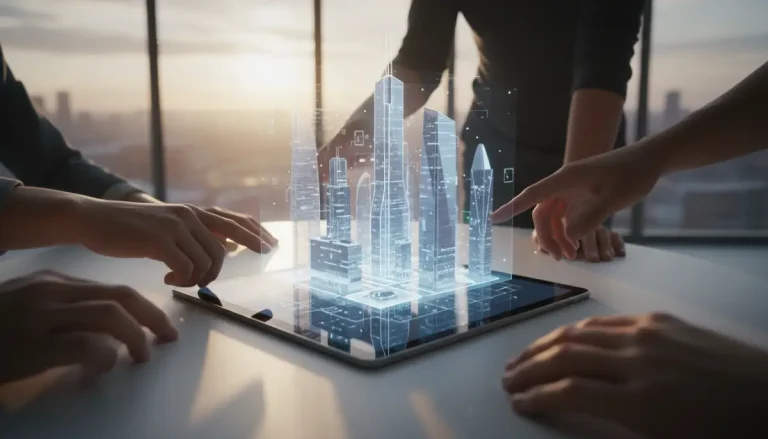 Representación visual del crowdfunding inmobiliario mediante una plataforma digital compartida por diversos inversores.