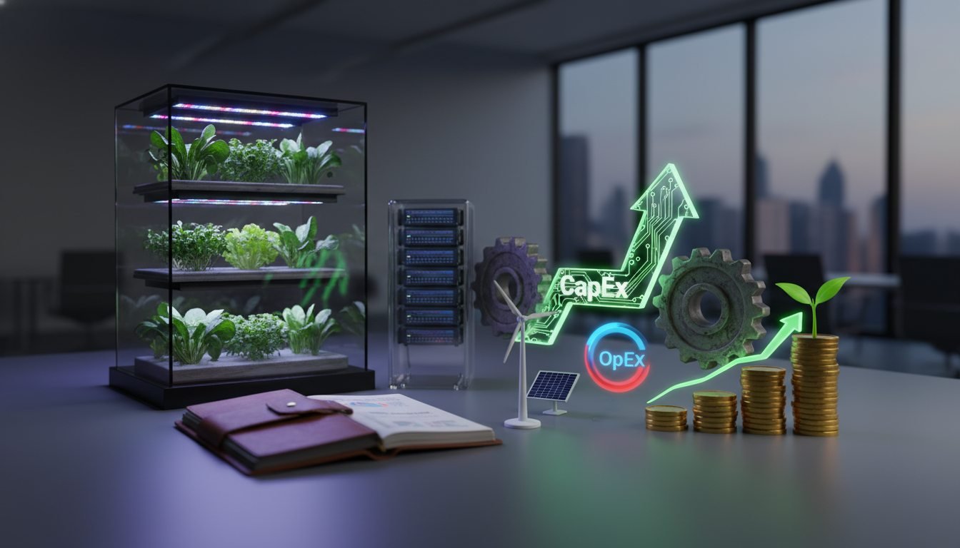 Gráfico financiero de inversión ROI sobre fondo de agricultura vertical con iluminación LED hidropónica.