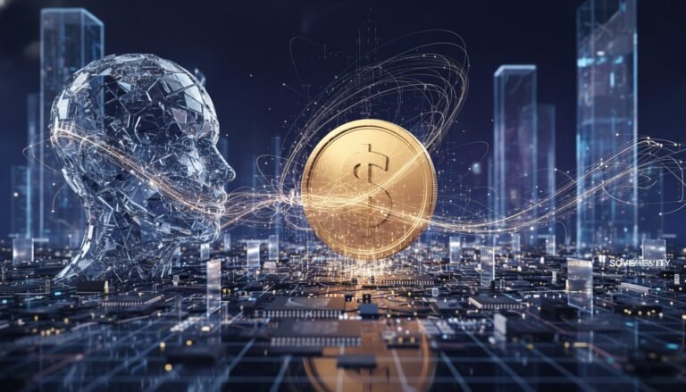 Red digital global conectando datos personales con símbolos de valor financiero y seguridad de datos.