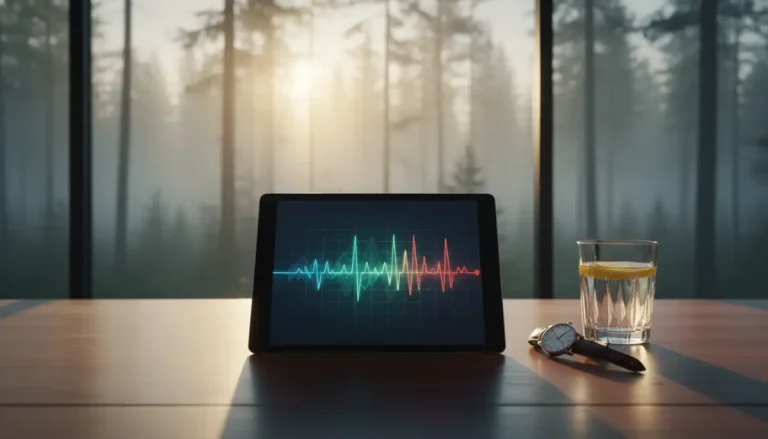 Escritorio de lujo con tablet mostrando gráficos de salud biométrica y luz solar de amanecer, representando la inversión en bienestar sobre la riqueza financiera.