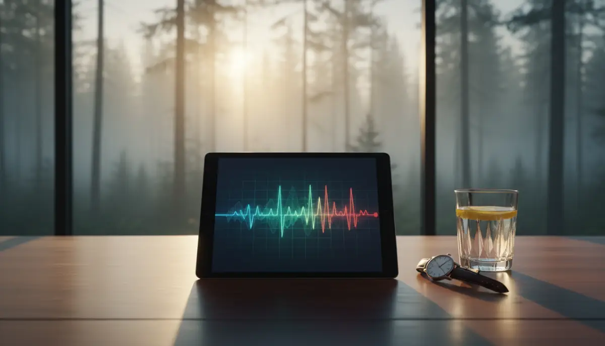 Escritorio de lujo con tablet mostrando gráficos de salud biométrica y luz solar de amanecer, representando la inversión en bienestar sobre la riqueza financiera.