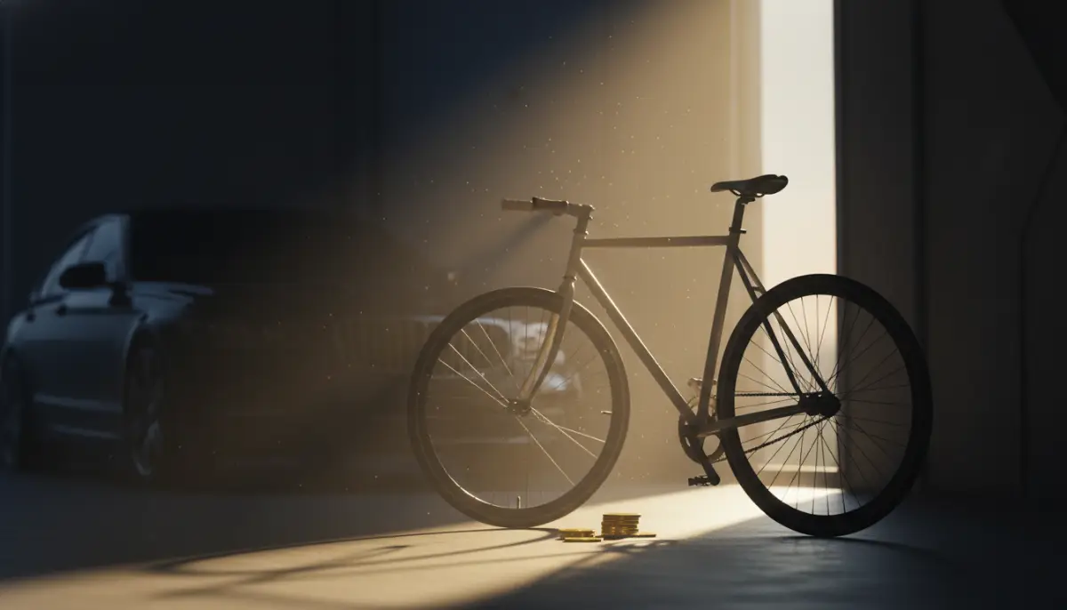 Bicicleta urbana iluminada por luz solar en un garaje frente a un coche en sombras, simbolizando ahorro financiero y movilidad sostenible.